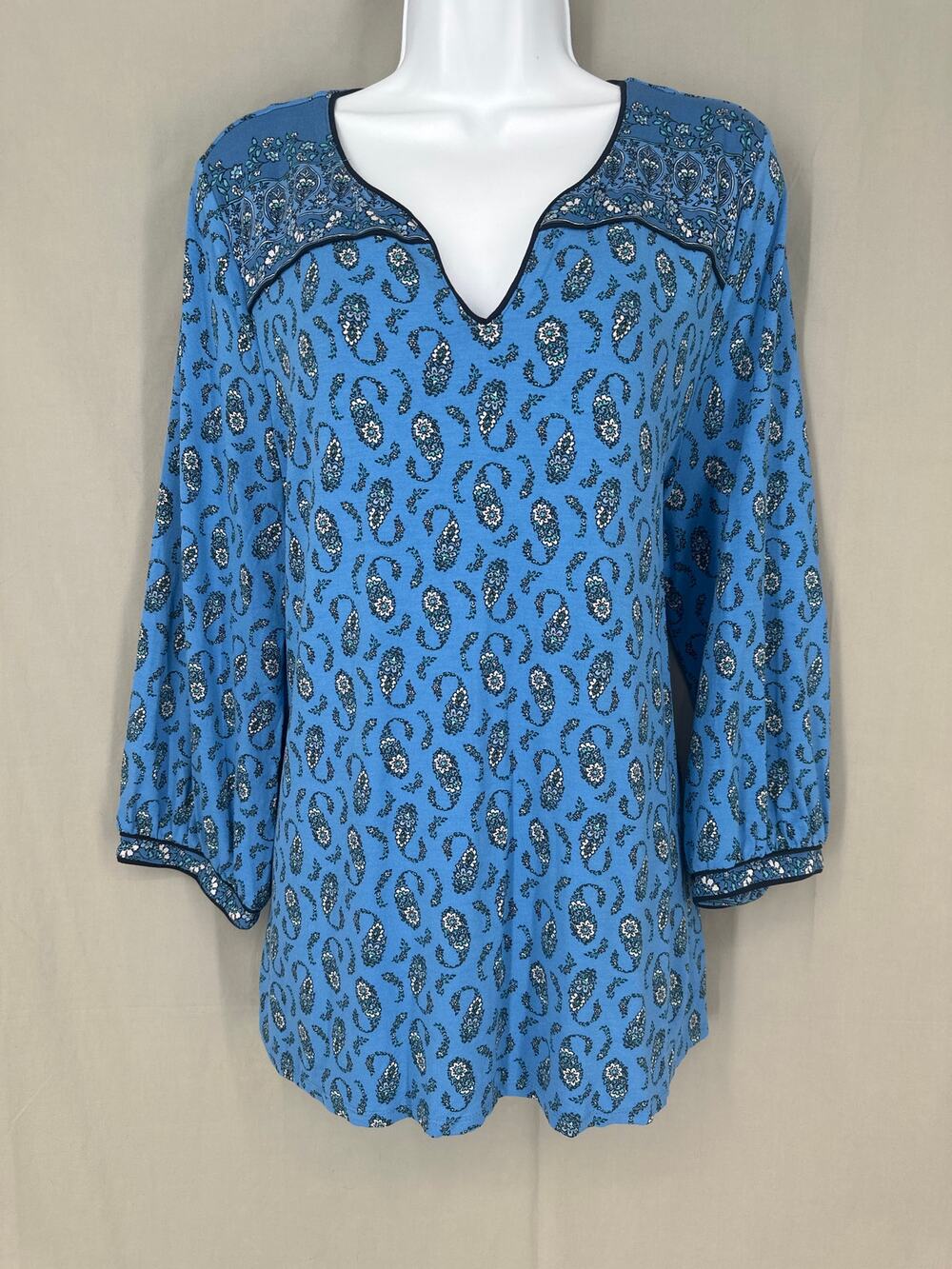 J Jill Top Large Blue Paisley Wearever Bohemian Boho Capsule Cottagecore Stretch